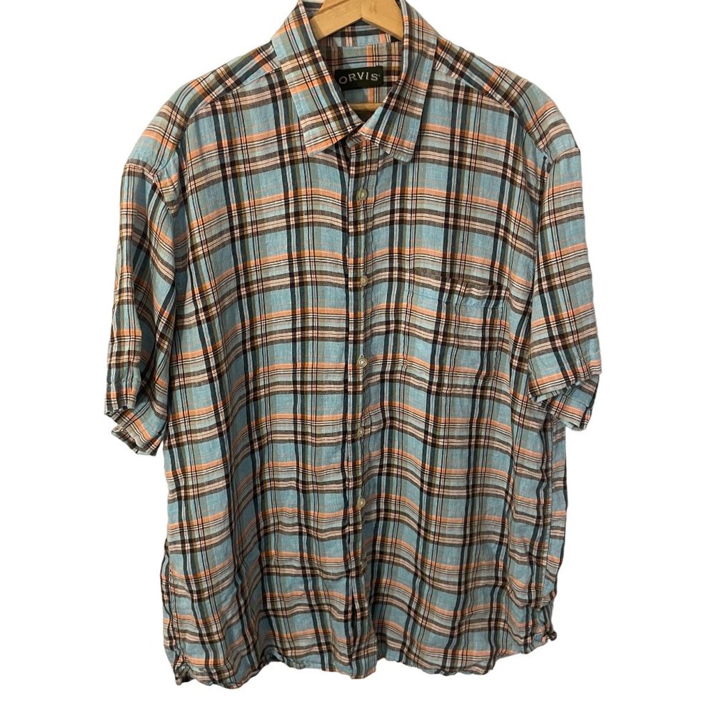 Orvis 100% Linen Short Sleeve Plaid Shirt Men XL Blue Classic India